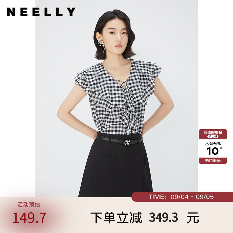 NEELLY纳俪商场同款夏新款V领荷叶边无袖衬衫女通勤经典时尚上衣
