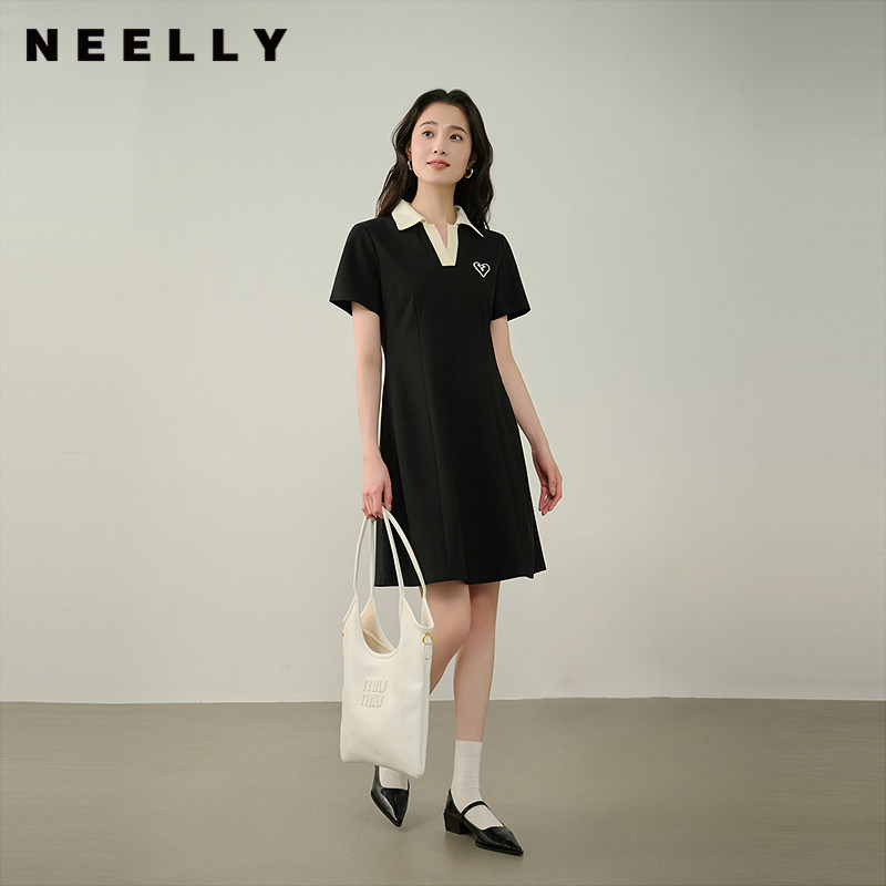 NEELLY纳俪商场同款夏季新款减龄学院风收腰连衣裙女休闲百搭长裙