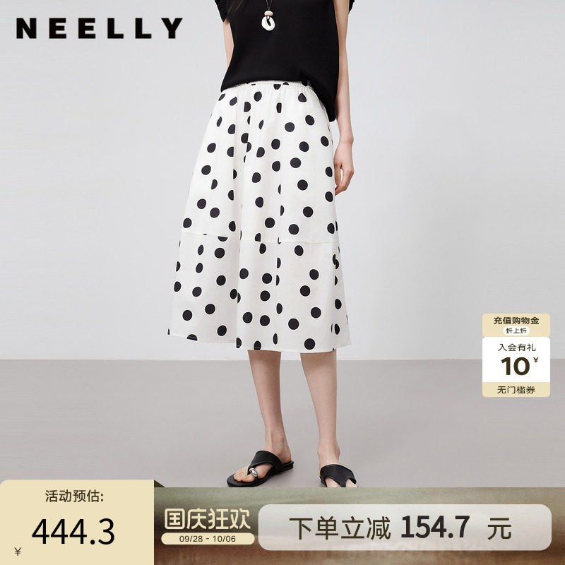 NEELLY纳俪商场同款夏季新款法式黑白波点半身裙女高腰休闲大摆裙