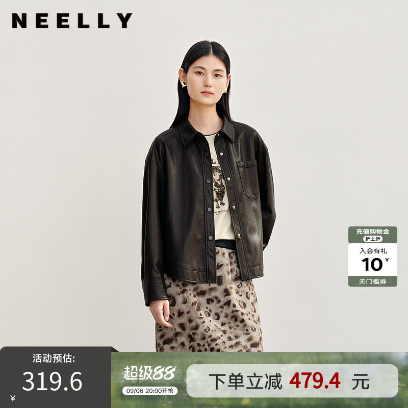 NEELLY纳俪商场同款春秋新款时尚宽松皮衣外套女百搭质感上衣