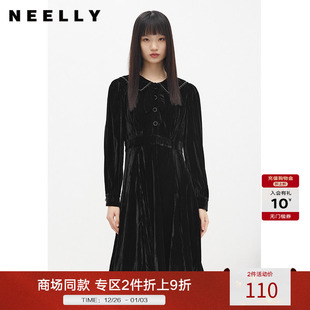收腰A字裙摆百搭时尚 NEELLY纳俪商场同款 黑色丝绒连衣裙女中长款