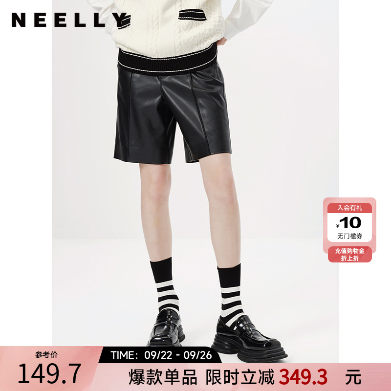 NEELLY纳俪商场同款秋季新款休闲黑色时尚皮短裤女五分裤子百搭潮