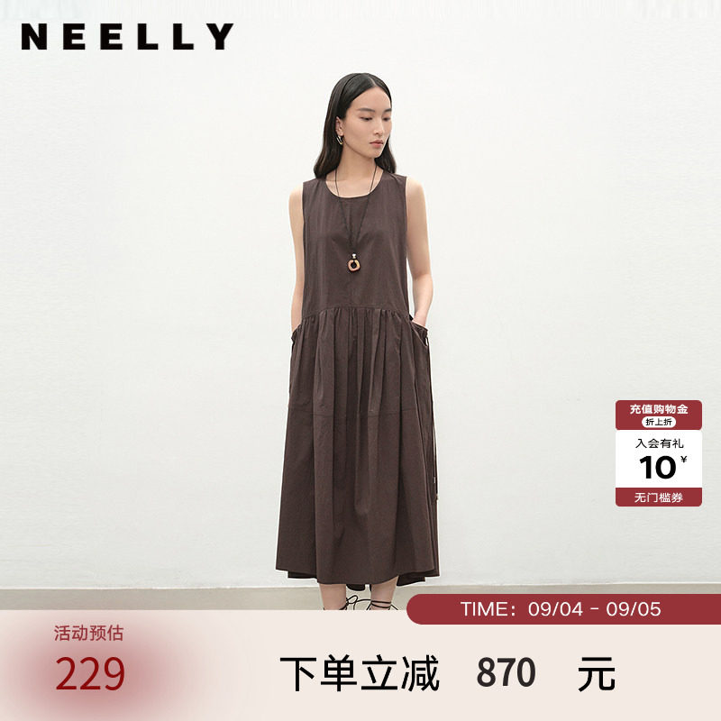 NEELLY纳俪商场同款夏季新款复古圆领背心连衣裙女宽松休闲长裙