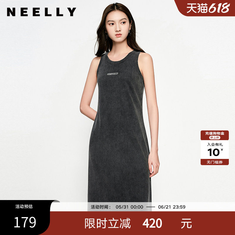 NEELLY纳俪商场同款春秋新款休闲松弛背心连衣裙女字母印花中长裙