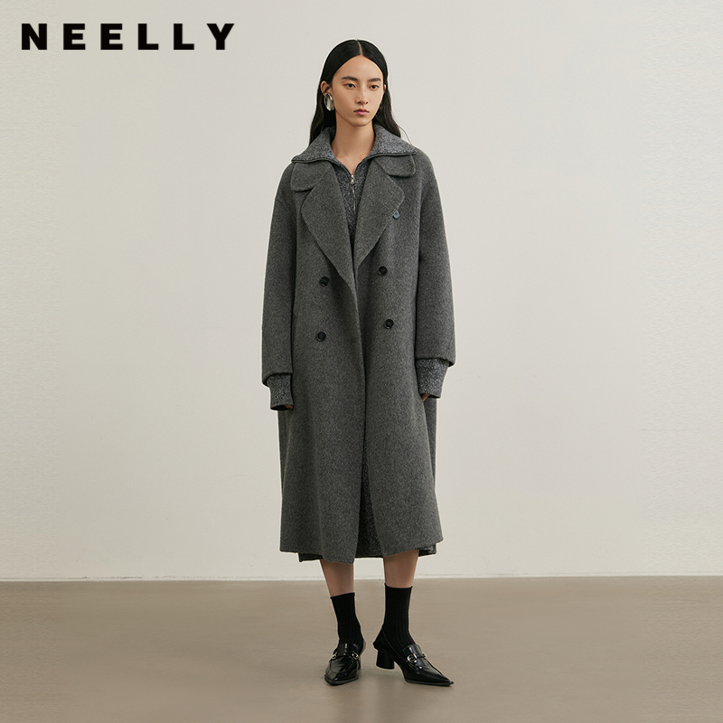 NEELLY纳俪商场同款冬季新款气质版型双层羊毛呢大衣女翻领长外套
