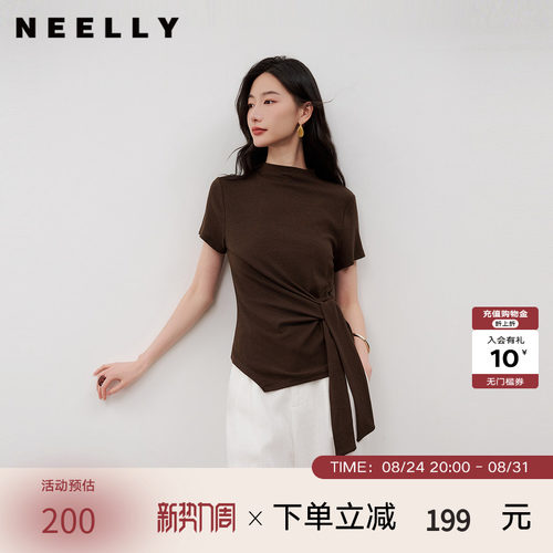 NEELLY纳俪商场同款秋季新款气质半高领绑带短袖女收腰显瘦上衣