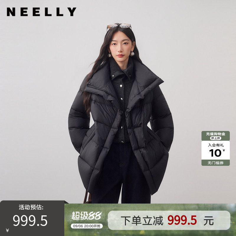 NEELLY纳俪商场同款冬季新款简约腰绳款保暖羽绒服女90白鸭绒外套