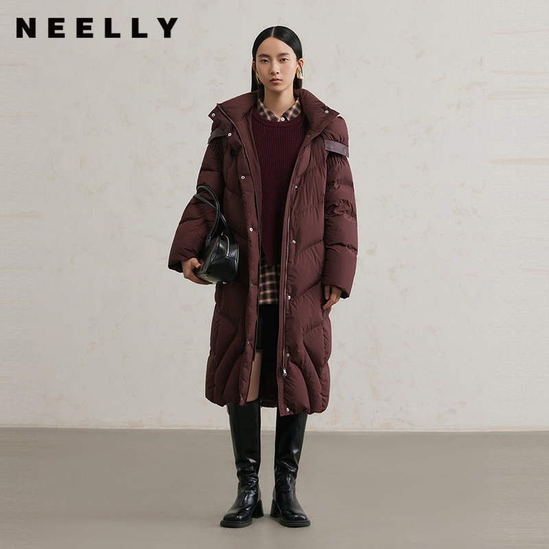 NEELLY纳俪商场同款冬季新款翻领直筒连帽羽绒服女简约通勤外套
