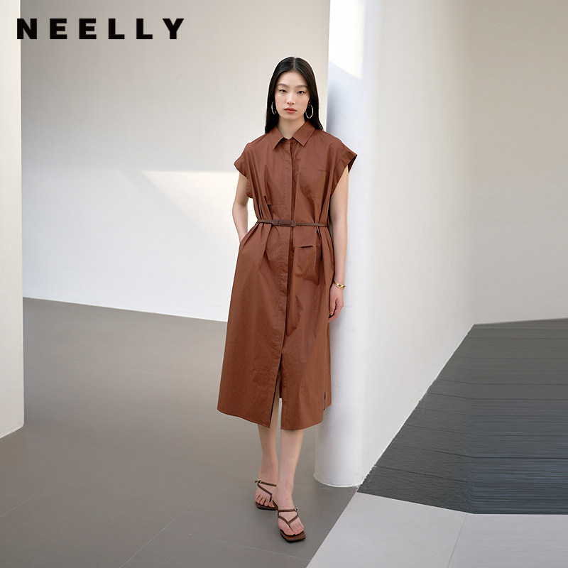 NEELLY纳俪商场同款夏新款复古气质通勤衬衫连衣裙女可露丽风长裙