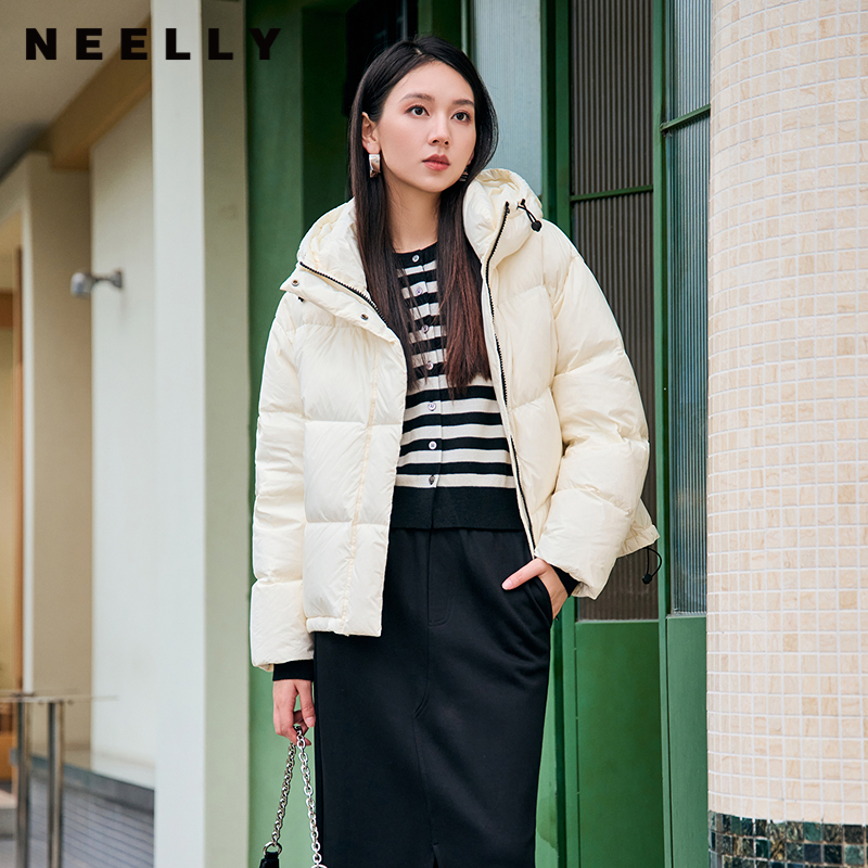 NEELLY纳俪商场同款冬季新款保暖连帽90%鹅绒羽绒服女保暖面包服