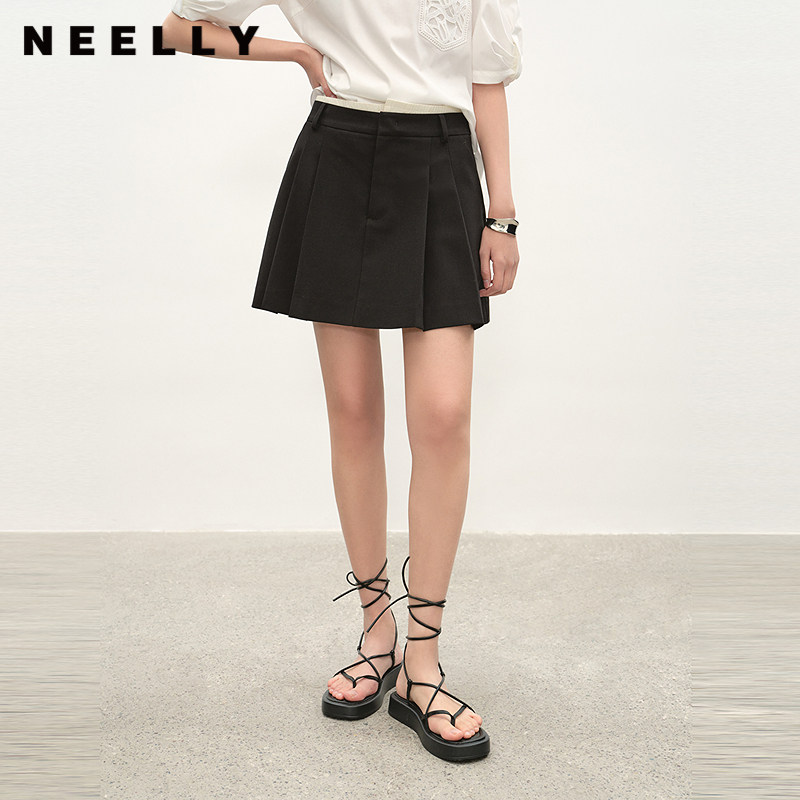 NEELLY纳俪商场同款夏季新款经典学院风百褶裙女显瘦遮胯百搭短裙