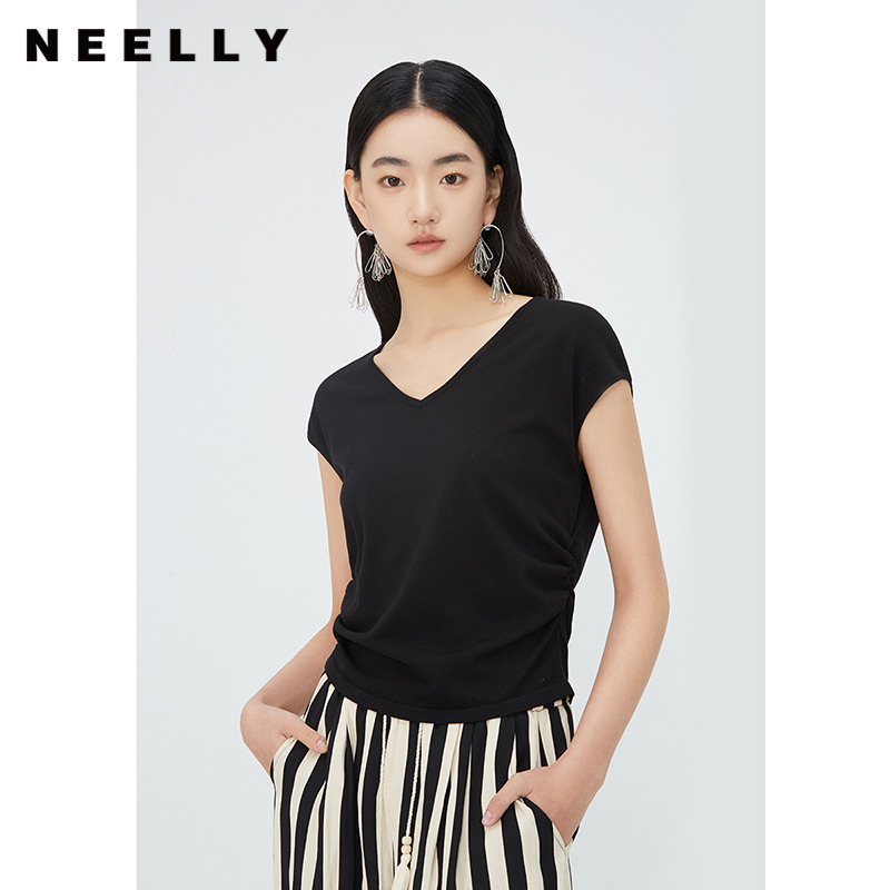 NEELLY纳俪商场同款夏季新款莱赛尔无袖针织衫女V领褶皱显瘦上衣