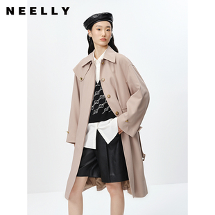 风衣女中长款 NEELLY纳俪商场同款 小翻领单排扣外套收腰系带大衣