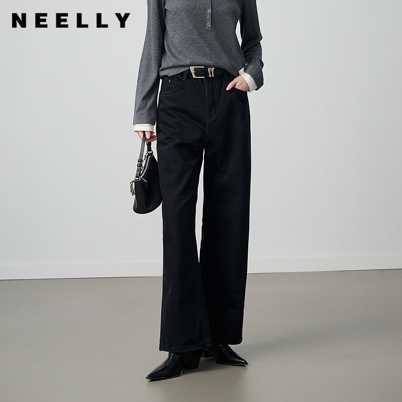 NEELLY纳俪商场同款冬季新款时尚高腰直筒牛仔裤女百搭显瘦长裤