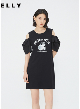 NEELLY纳俪商场同款黑色圆领露肩连衣裙女夏季纯棉印花休闲直筒裙