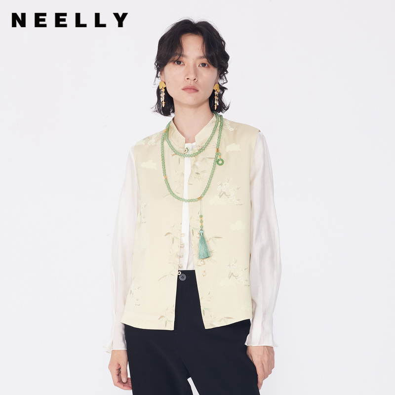 NEELLY纳俪商场同款春季新款新中式无袖马甲女小立领竹子印花上衣