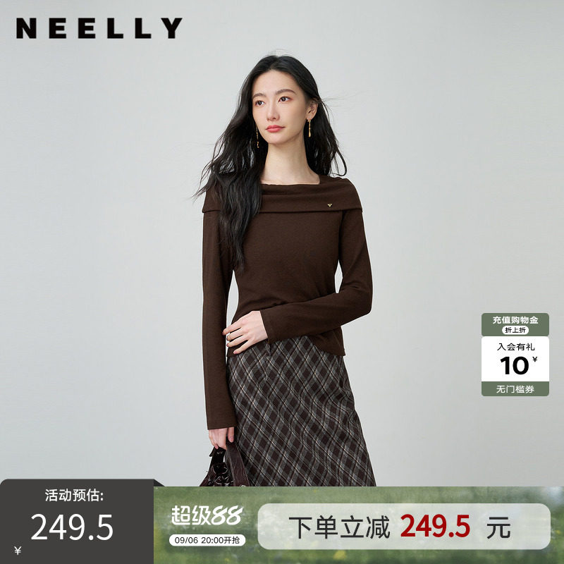 NEELLY纳俪商场同款秋季新款复古设计感针织衫女修身摩登感上衣