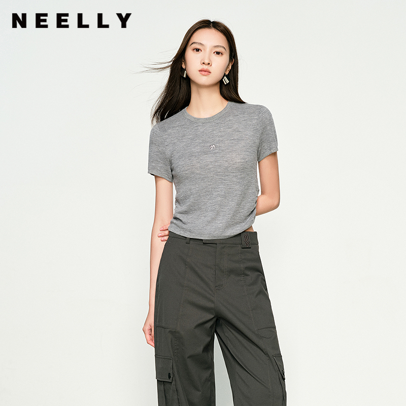 NEELLY纳俪商场同款秋冬新款圆领修身短袖针织衫女显瘦透气上衣
