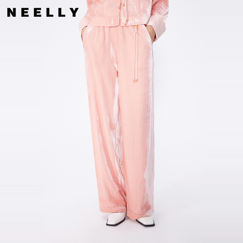NEELLY纳俪秋冬商场同款运动风宽松直筒长裤女新款新中式休闲裤