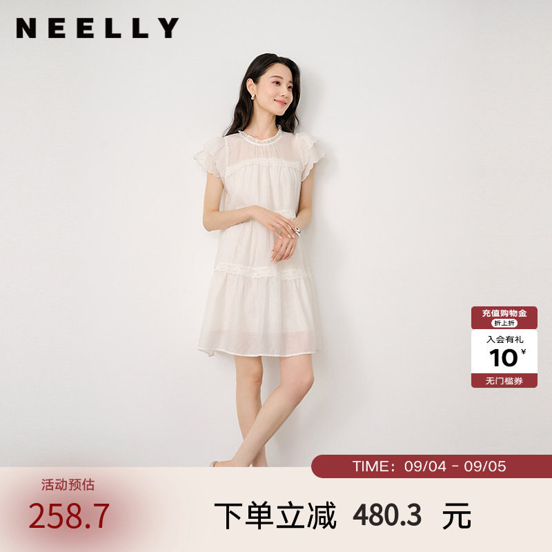 NEELLY纳俪商场同款夏季新款花边甜美清新连衣裙女立裁舒适长裙