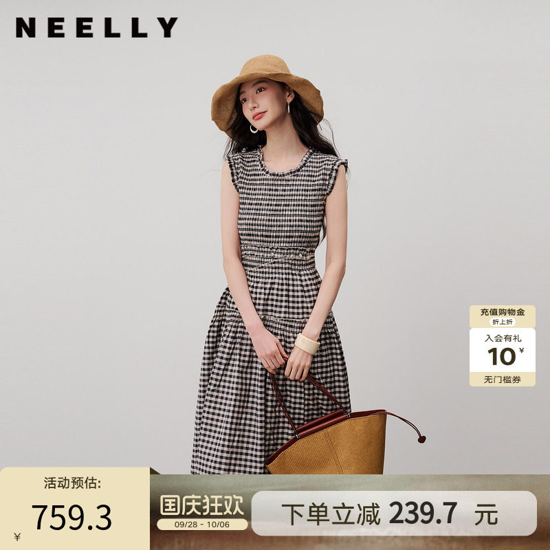 NEELLY纳俪商场同款夏新款复古黑白格连衣裙女无袖修身木耳边长裙