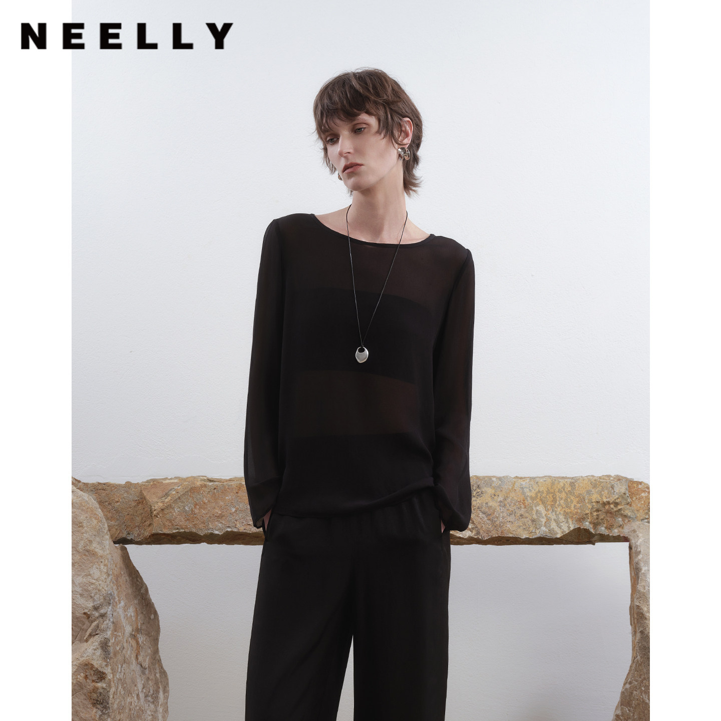 NEELLY纳俪商场同款夏季新款休闲微透长袖雪纺衫女垂感宽松上衣