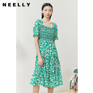 裙子大摆A字裙 NEELLY纳俪方领打缆连衣裙女碎花夏中长款
