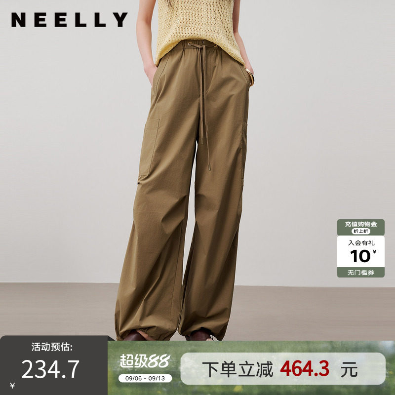 NEELLY纳俪商场同款夏季新款休闲抽绳工装阔腿裤女个性设计感长裤