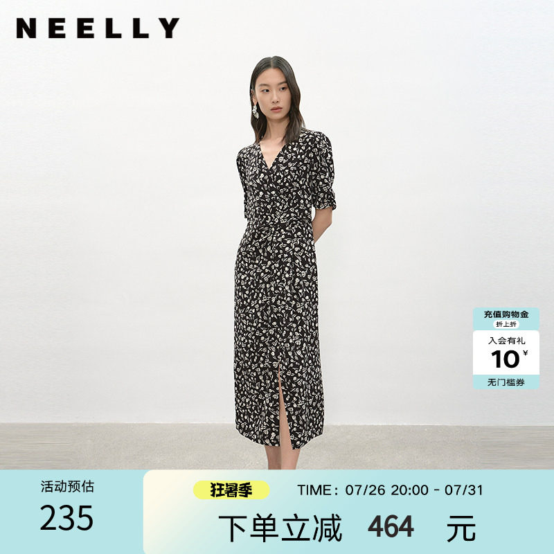 NEELLY纳俪商场同款夏季新款复古黑白碎花连衣裙女休闲舒适中长裙