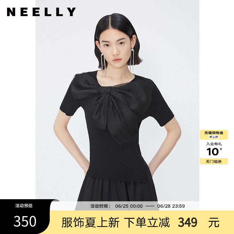 NEELLY纳俪商场同款夏季新款黑色套头针织衫女薄款网纱蝴蝶结上衣