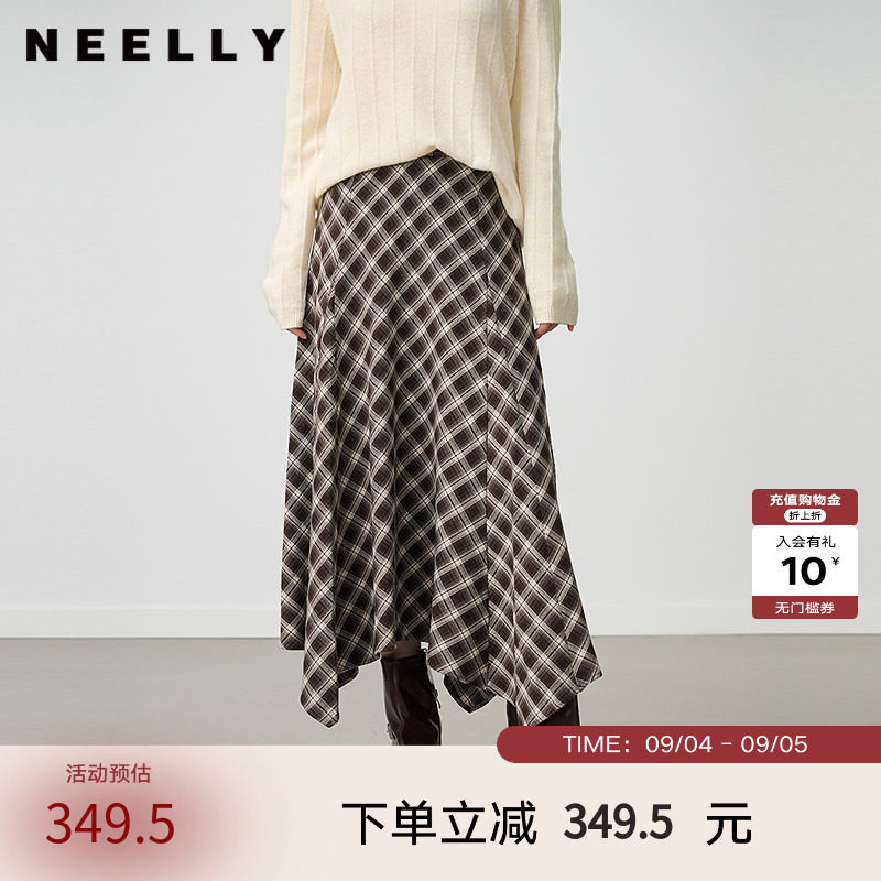 NEELLY纳俪商场同款冬新款不规则复古格纹高腰半身裙女百搭中长裙