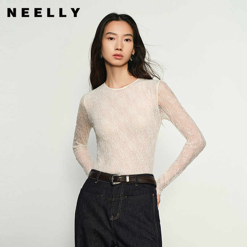 NEELLY纳俪商场同款秋冬新款修身蕾丝上衣女百搭显瘦内搭神器