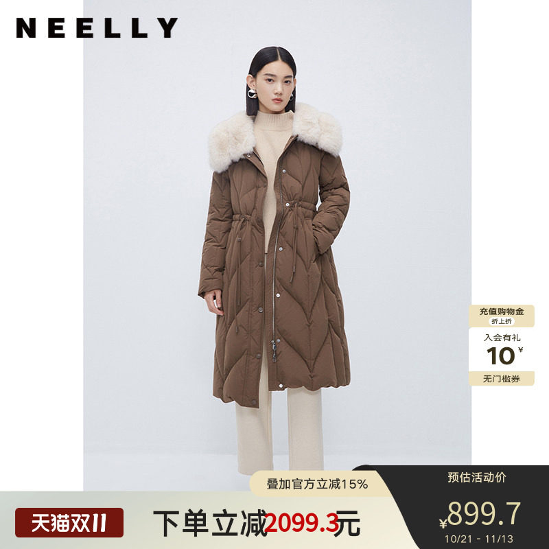 NEELLY纳俪商场同款冬新款狐狸毛领羽绒服气质收腰中长款羽绒大衣