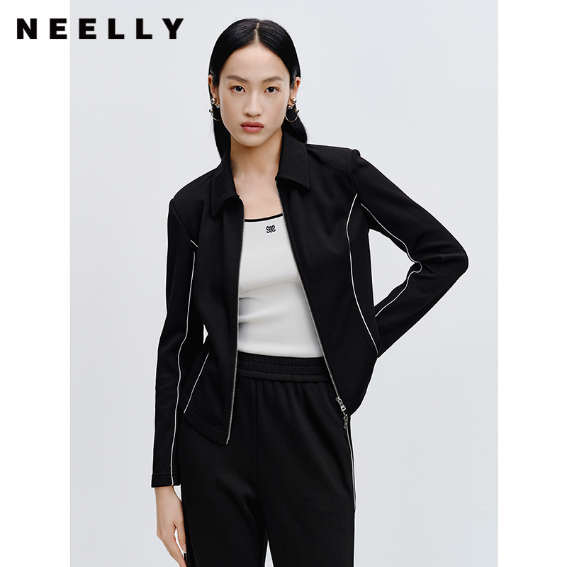 NEELLY纳俪商场同款翻领收腰拉链短外套春季新款长袖百搭通勤上衣