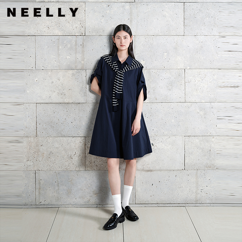 NEELLY纳俪商场同款秋冬新款复古学院风披肩连衣裙女高腰休闲长裙