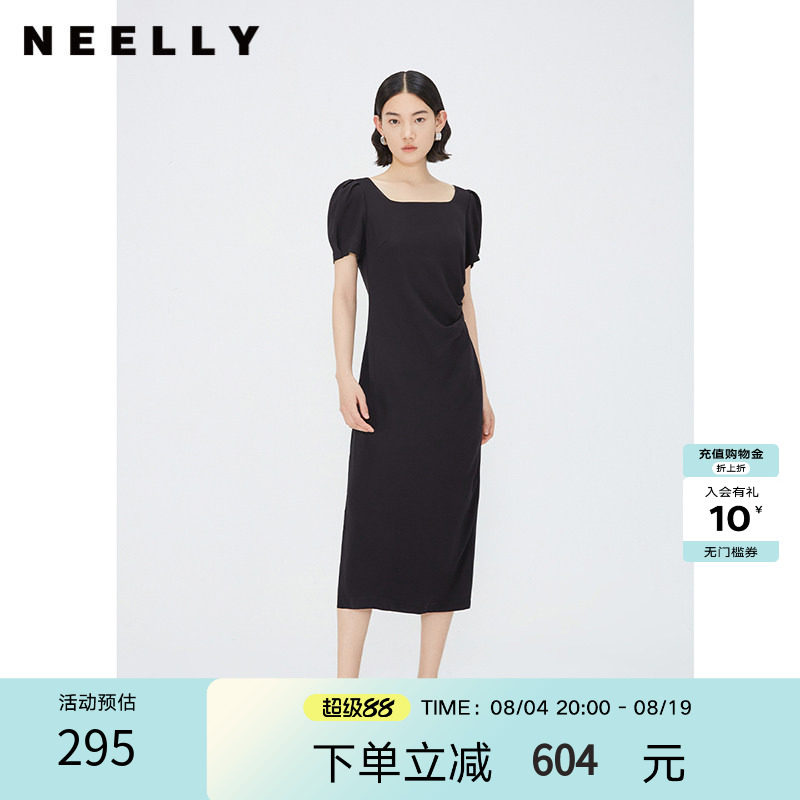 NEELLY纳俪商场同款夏季新款泡泡袖连衣裙女褶皱显瘦方领气质长裙