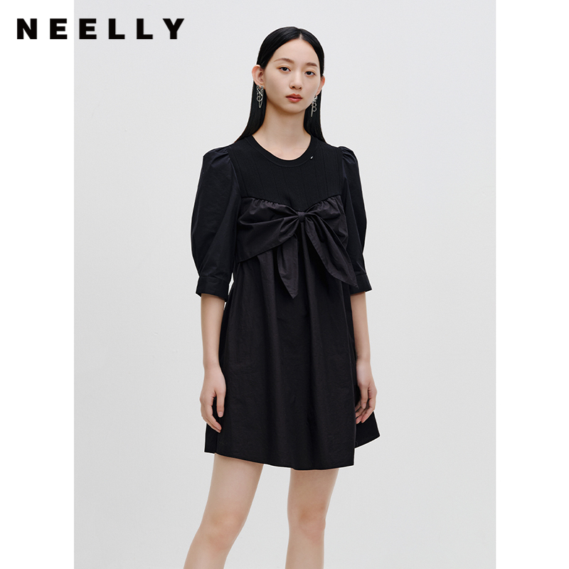 NEELLY纳俪商场同款针织拼接泡泡袖连衣裙女蝴蝶结装饰减龄娃娃裙