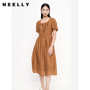 夏季 NEELLY纳俪商场同款 天丝连衣裙女新款 法式 方领A字裙潮 泡泡袖