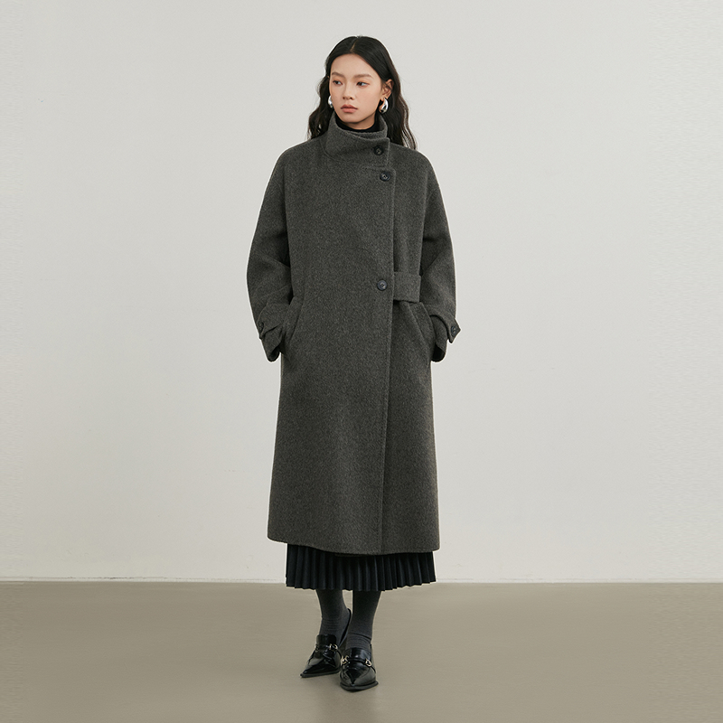 NEELLY纳俪商场同款冬新款高级感立领双面羊毛大衣女长款毛呢外套