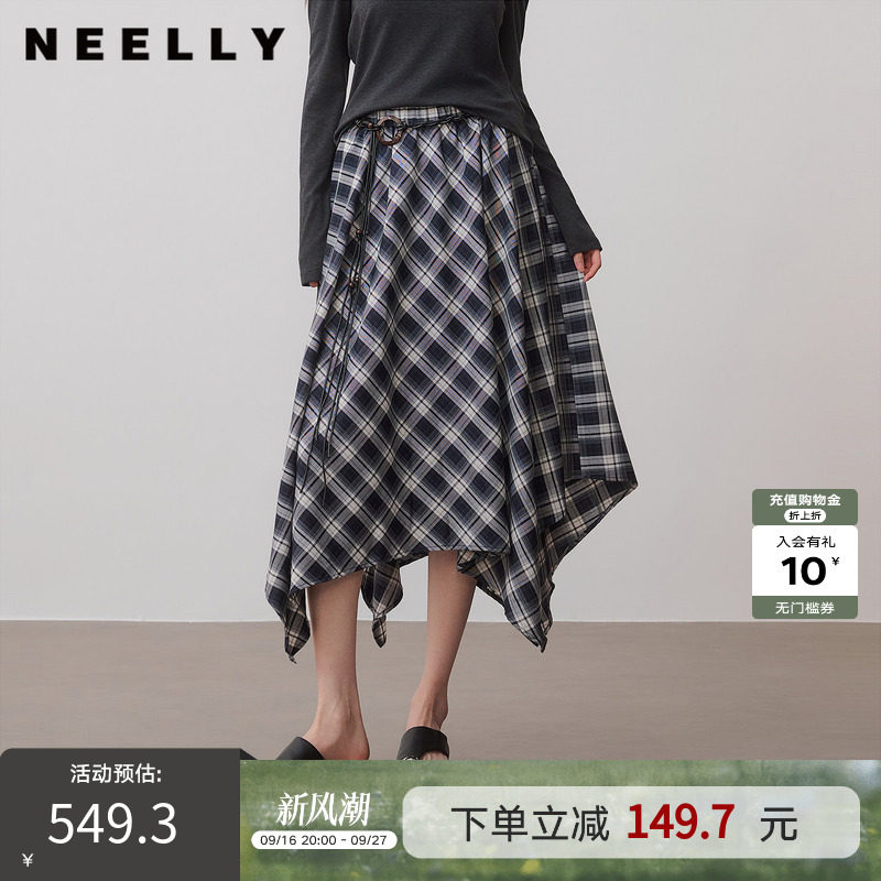 NEELLY纳俪商场同款秋新款复古斜格不规则半裙女慵懒都市感中长裙