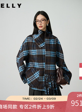 NEELLY纳俪商场同款冬季新款时尚格纹毛呢外套女设计感百搭大衣