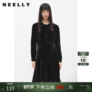 收腰A字裙摆百搭时尚 NEELLY纳俪商场同款 黑色丝绒连衣裙女中长款