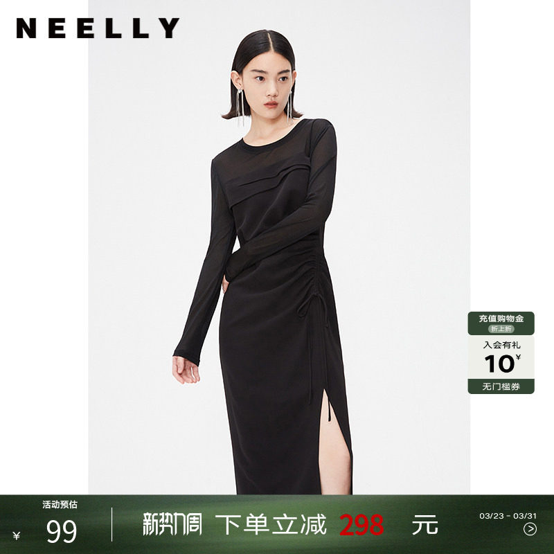 NEELLY纳俪商场同款春秋款黑色抽褶显瘦连衣裙女修身开叉长袖长裙