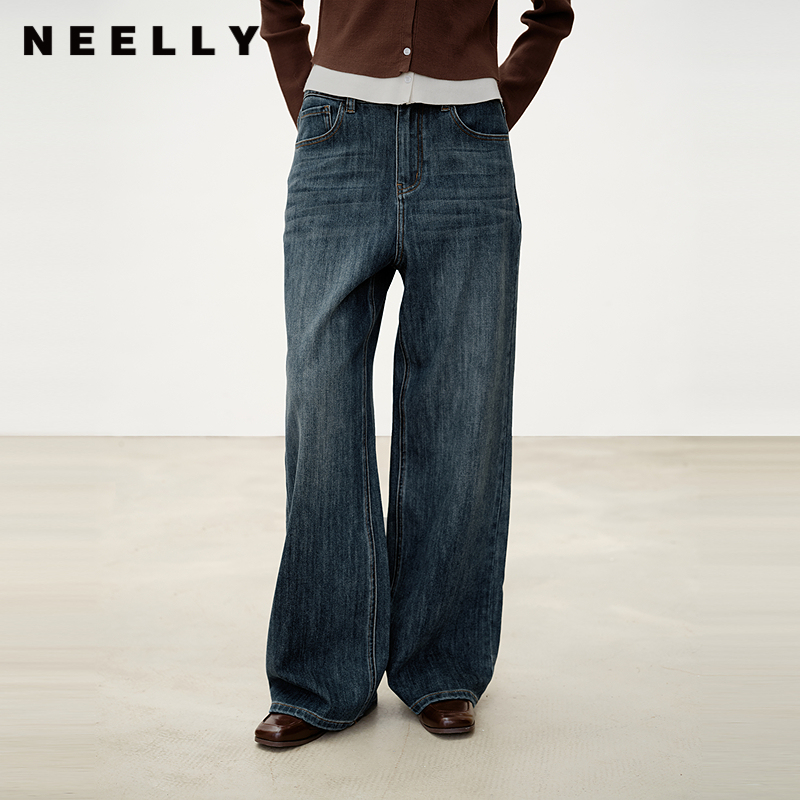 NEELLY纳俪商场同款秋冬新款百搭深色直筒牛仔裤女压褶阔腿长裤