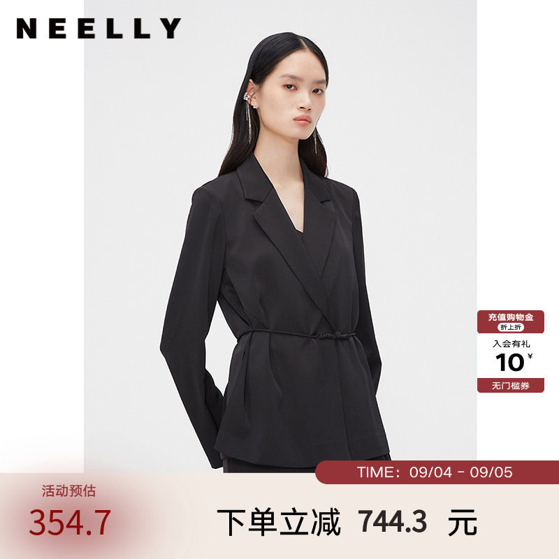 NEELLY纳俪商场同款夏季新款复古国风盘扣西装外套女优雅系带上衣