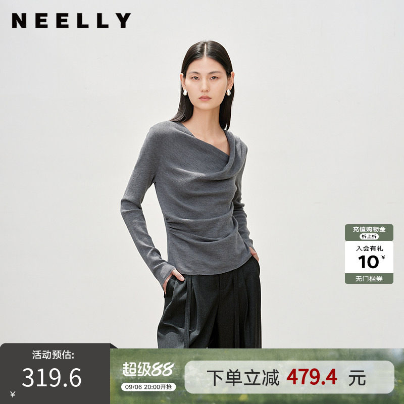 NEELLY纳俪商场同款春新款气质优雅不对称荡领长袖女垂坠量感上衣