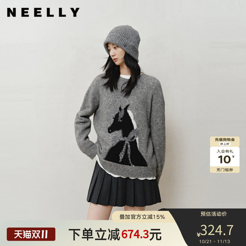 NEELLY纳俪商场同款冬新款时尚卡通趣味圆领针织衫女软糯休闲毛衣