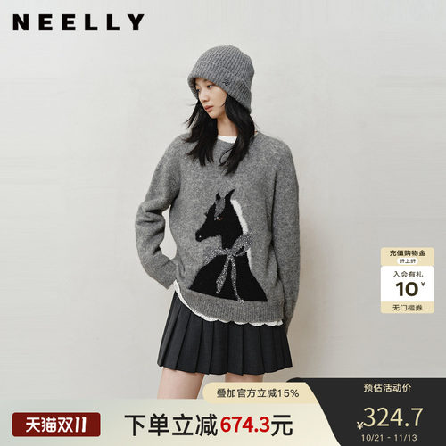 NEELLY纳俪商场同款冬新款时尚卡通趣味圆领针织衫女软糯休闲毛衣