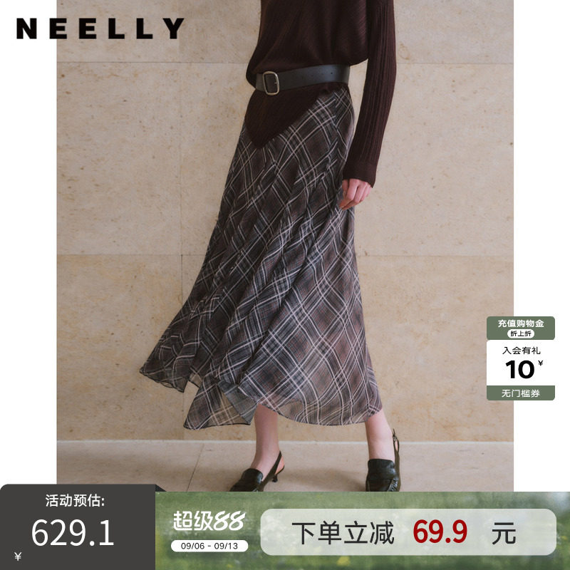 NEELLY纳俪商场同款秋新款复古格纹不规则半裙女氛围感斜格中长裙