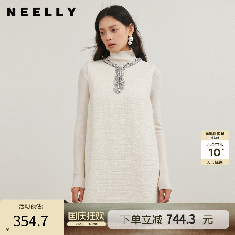 NEELLY纳俪商场同款冬季新款小香风圆领背心裙女直筒显瘦连衣裙
